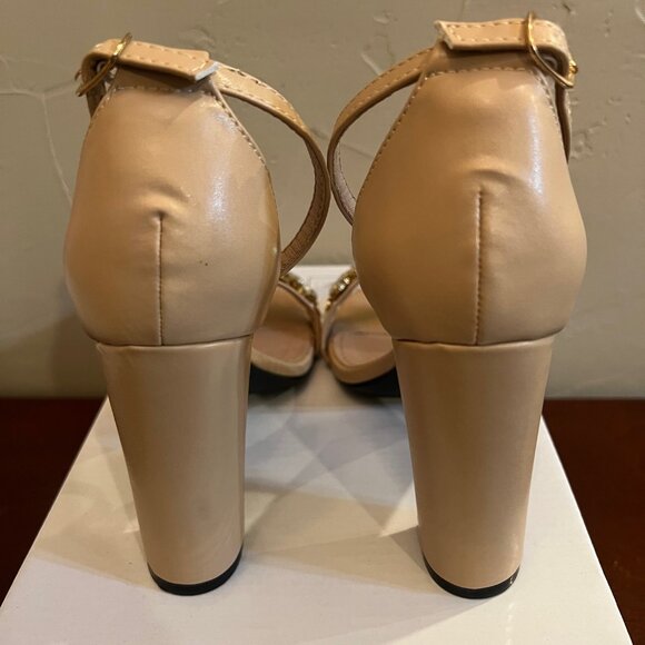 Women's Nude Block Heel Sandals w/Crystal Embellished Strap & Buckle Size 6.5 - Picture 5 of 8